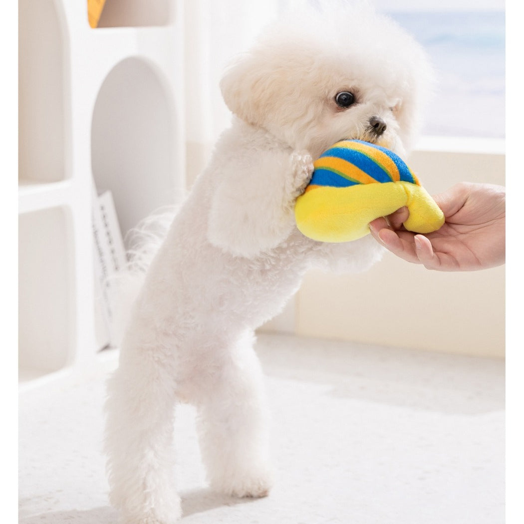 Petkin striped slipper plush dog toy isolated on white background with clear stripe pattern
