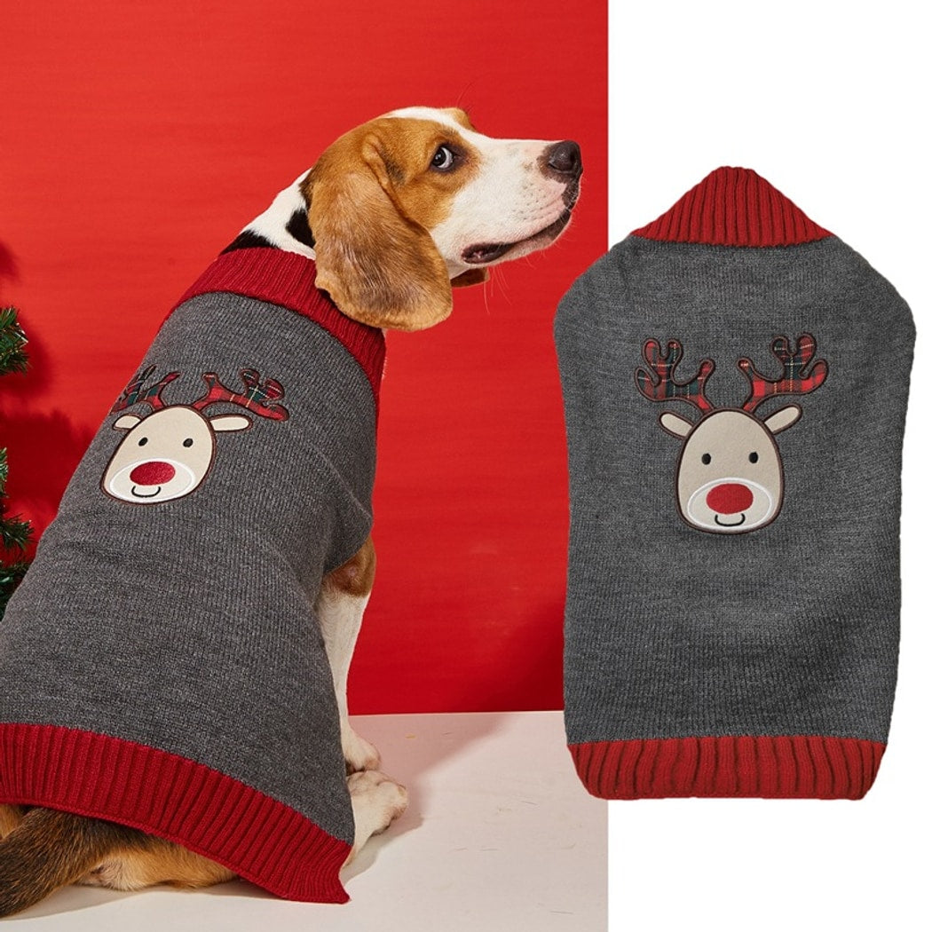 Christmoo - Christmas Reindeer Motif Gray Dog Sweater