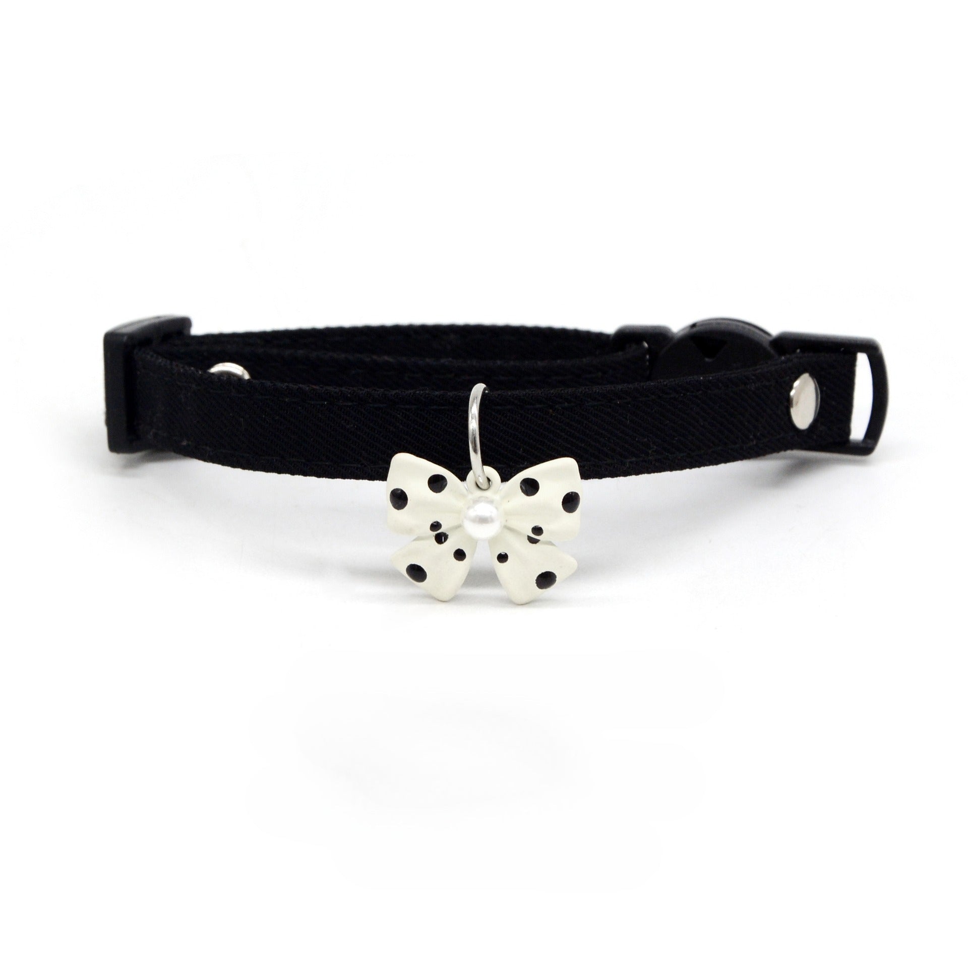 Mokka Polka Dot Bow Charm Breakaway Collar displayed flat with black and white polka dot pattern