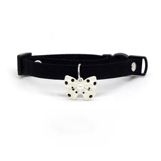 Mokka Polka Dot Bow Charm Breakaway Collar displayed flat with black and white polka dot pattern