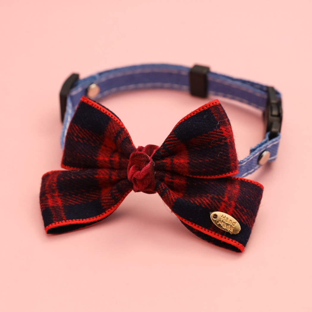 Mokka - Decorative Plaid Pet Collar with Bow Tie