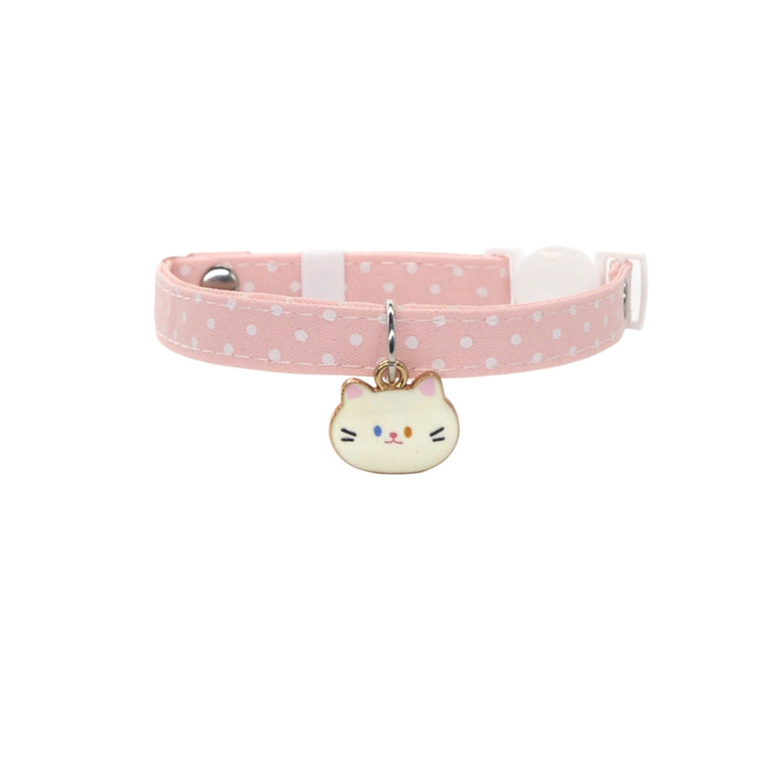 Mokka cat face charm on adjustable pink breakaway collar displayed flat
