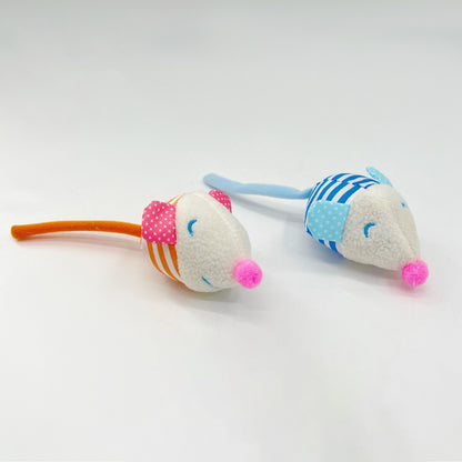Striped mouse-shaped cat toy with a white and gray pattern on a white background