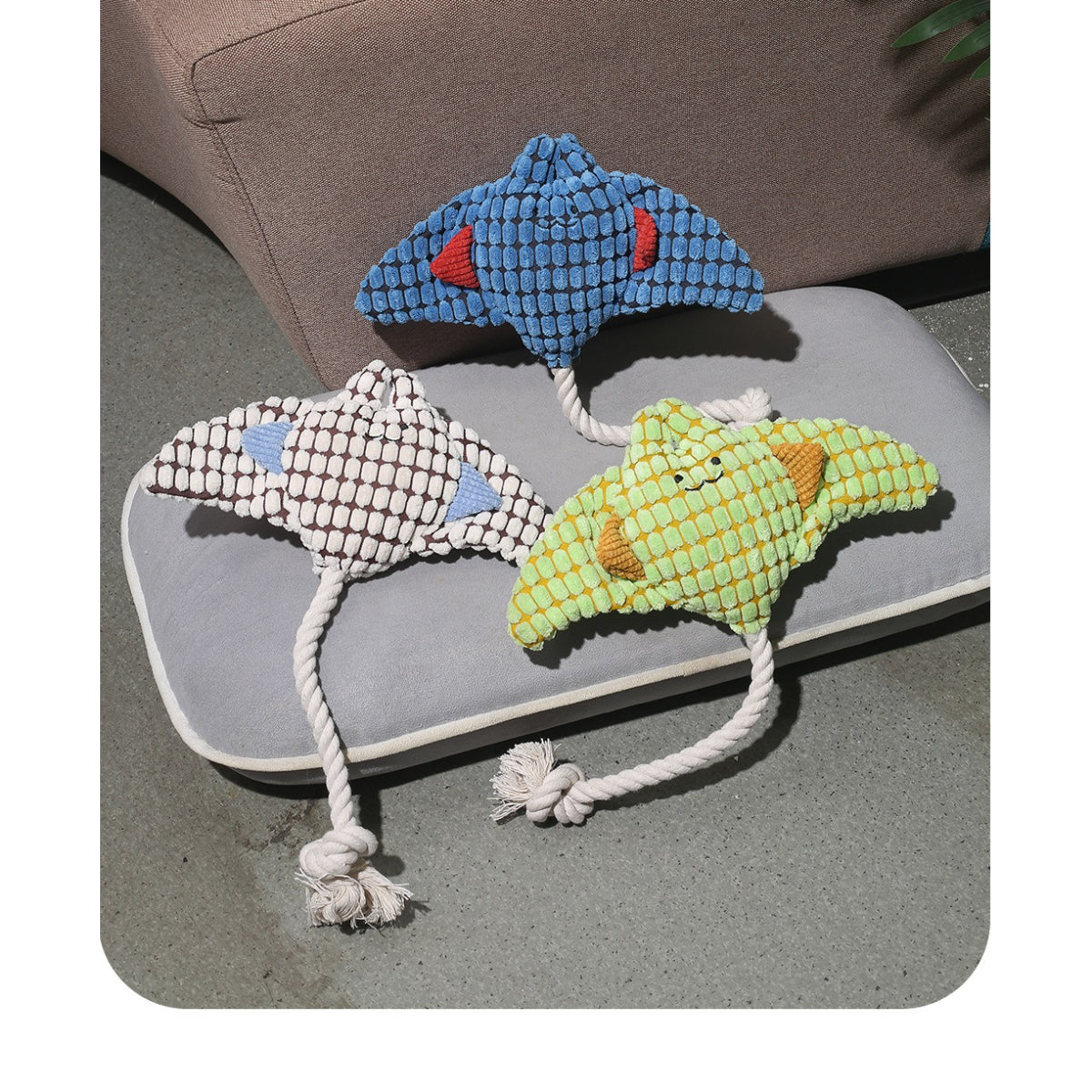 Petkin Rope Tug Stingray dog toy on white background showing full length and design details