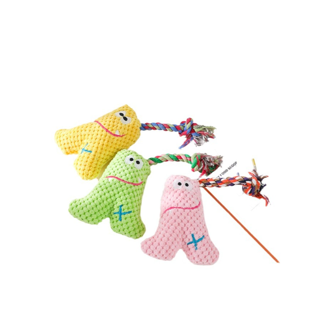 Petkin plush monster dog toy lying flat with visible rope tail and colorful fabric