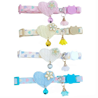 Mokka Heart Floral Charm Cat Collar laid flat highlighting heart charm and bell