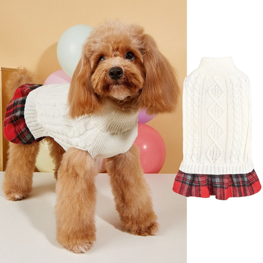 Ozzie - White Cable Dog Dress with Plaid Skirt