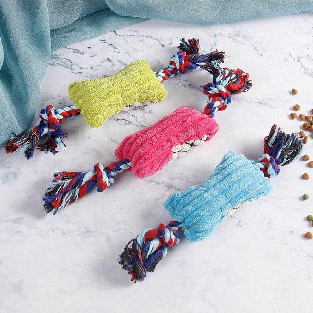 Close-up of Petkin Rope Candy Plush Dog Toy showing twisted rope texture