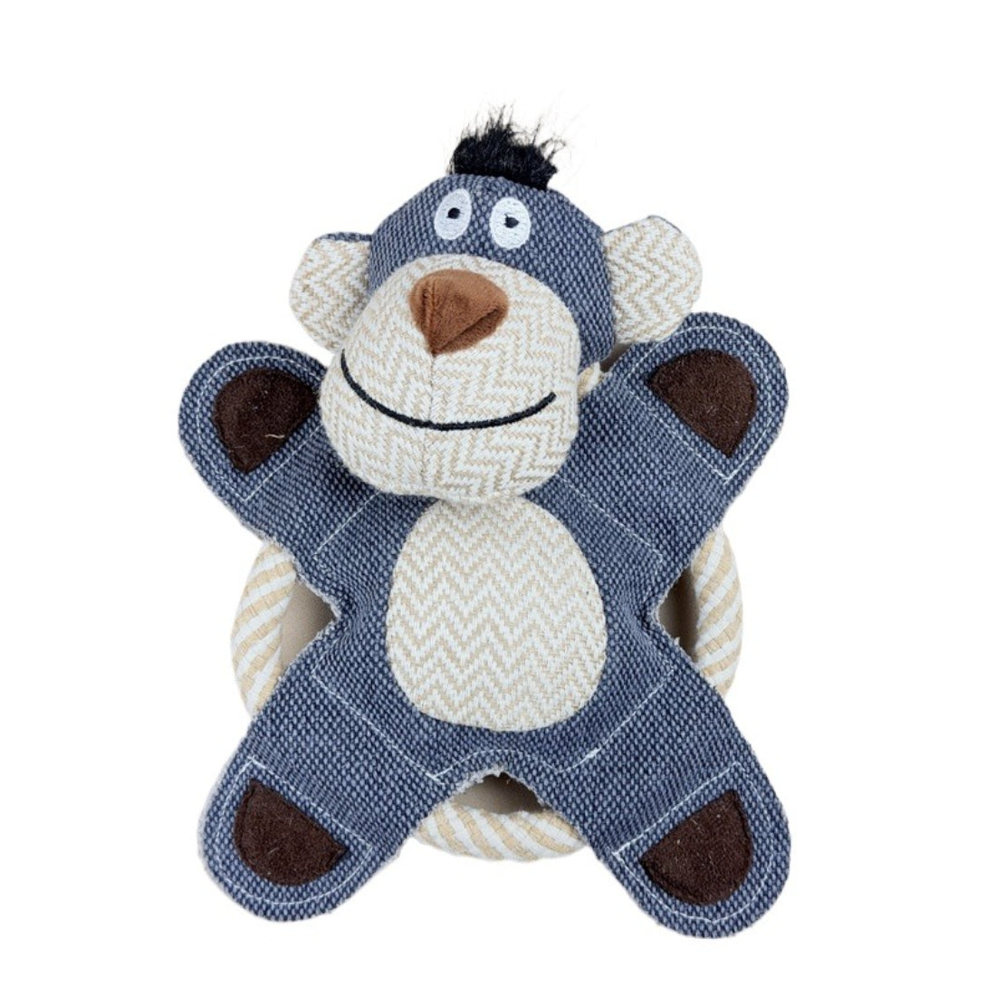 Close-up of Petkin Donkey plush head attached to rope dog toy