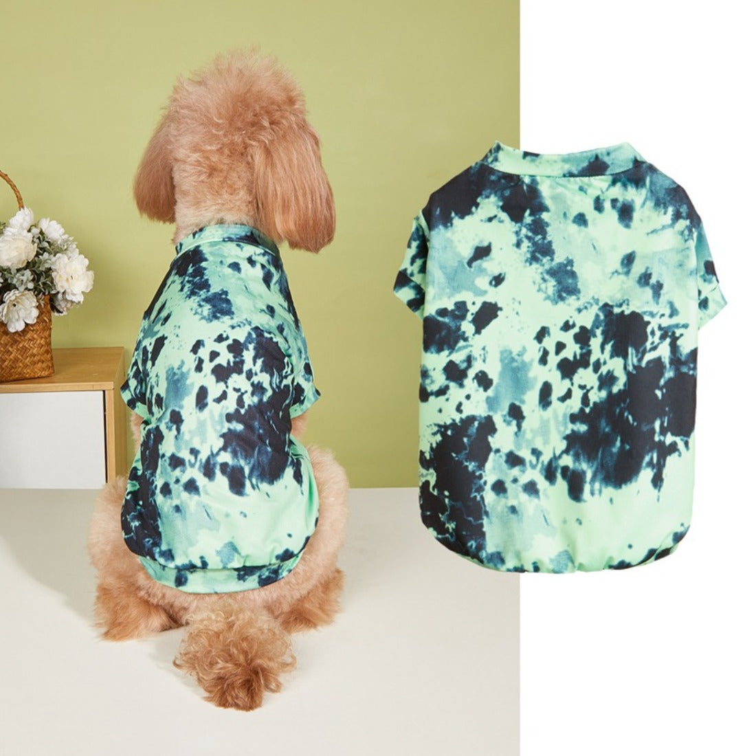 Close-up of tie dye pattern on a dog t-shirt in vibrant blue, pink, and yellow colors