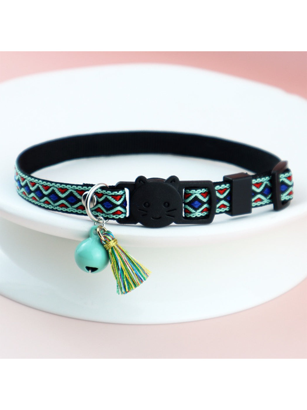 Adjustable Mokka Boho pattern cat collar with metal D-ring for attaching tags