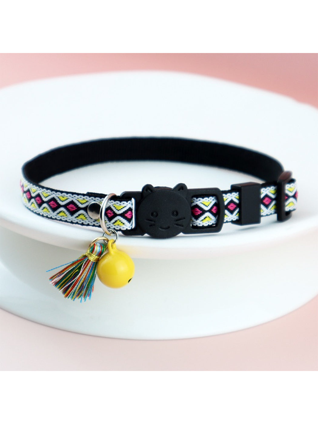 Mokka Boho pattern cat collar laid flat highlighting the breakaway safety clasp