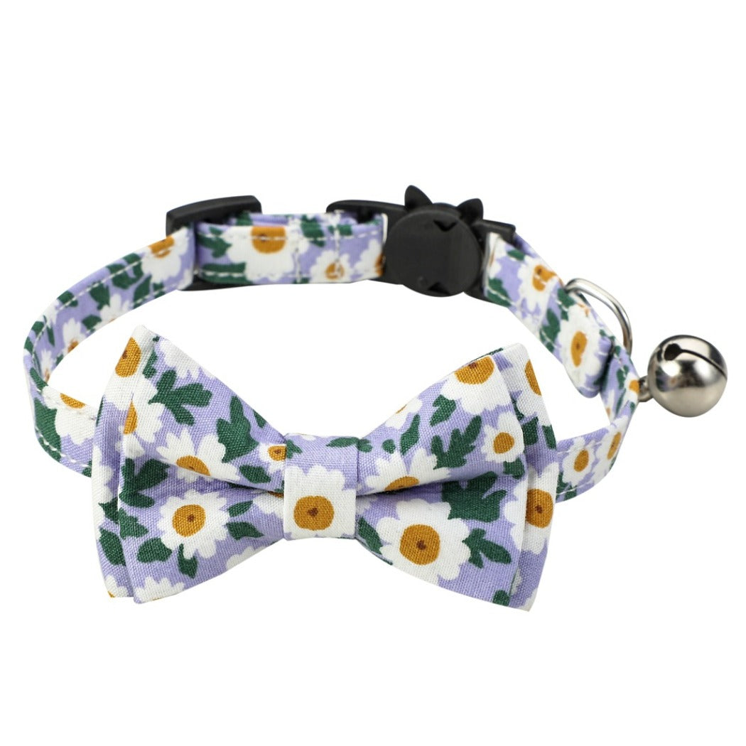 Mokka floral bowtie cat collar displayed flat showing full bowtie design