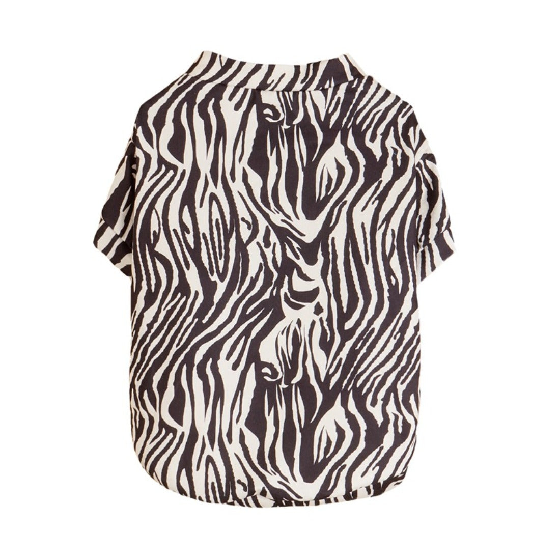 Close-up of Ozzie zebra print dog t-shirt fabric and pattern