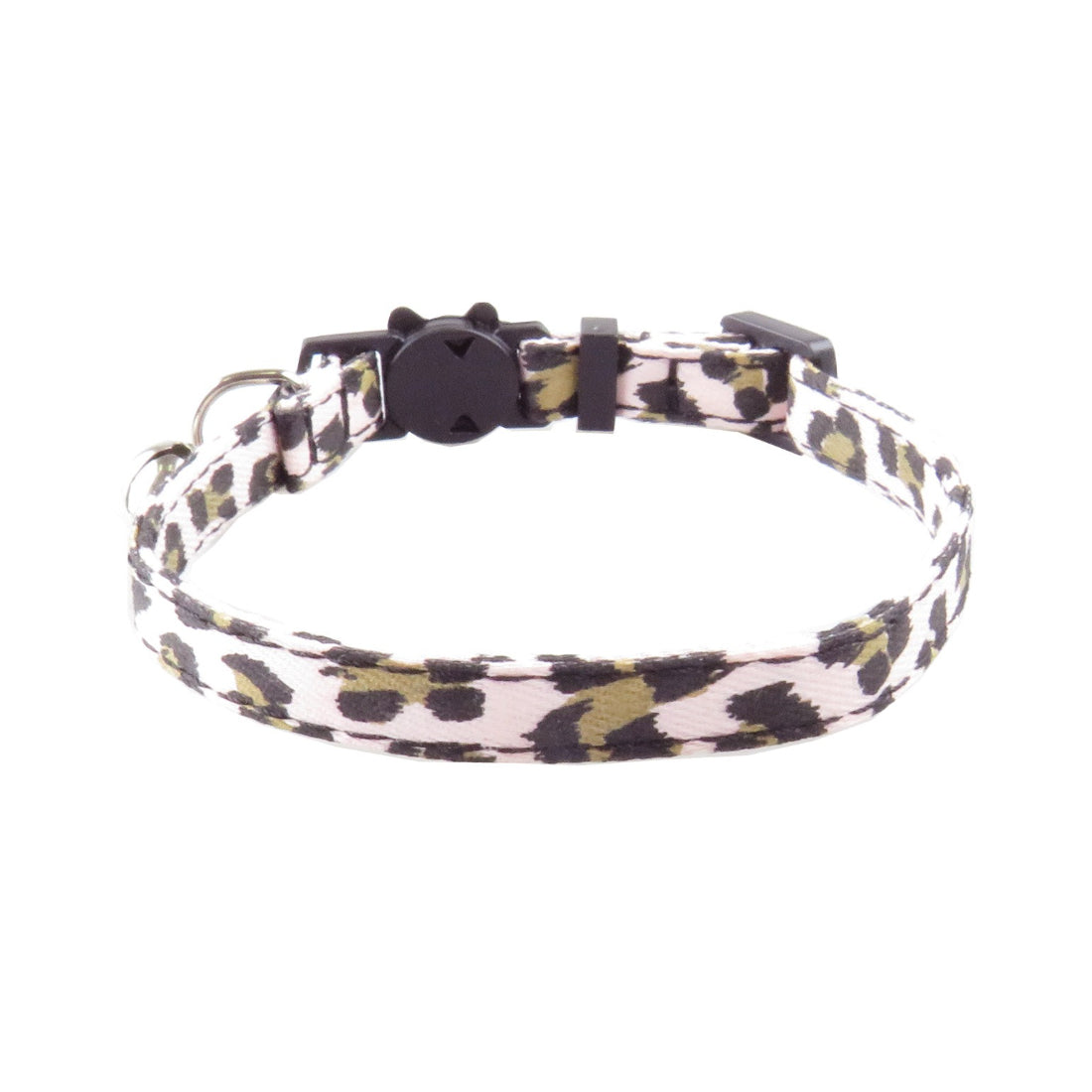 Close-up of Mokka leopard print cat collar showing bell and buckle