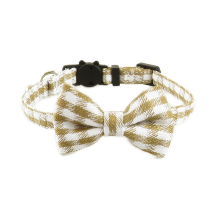 Mokka houndstooth bow tie cat collar shown from above on plain surface