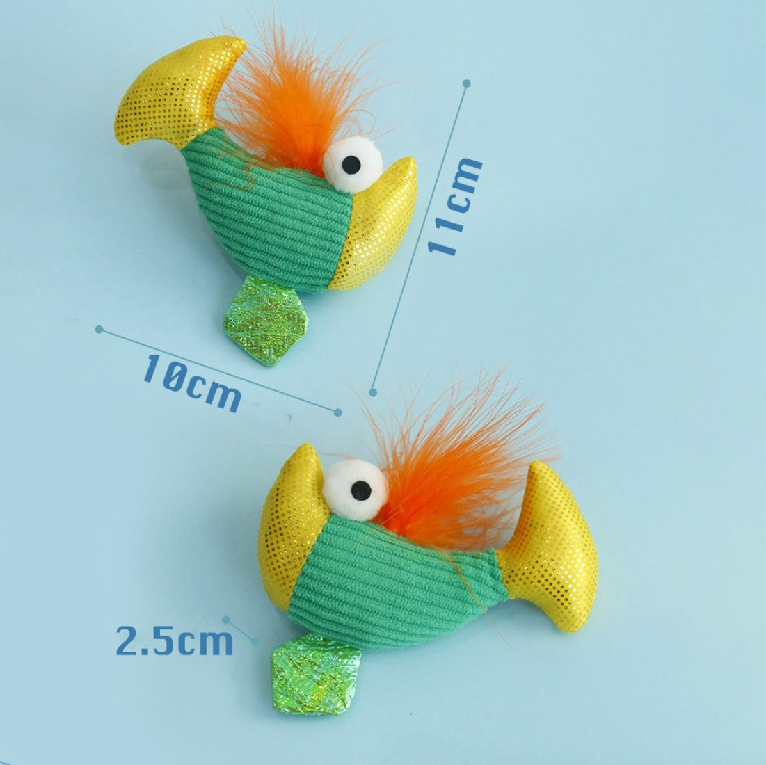 Moo colorful feather fish cat toy featuring bright feathers in various colors and fish design