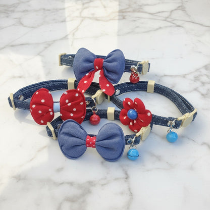 Mokka polka dot bow cat collar with bell displayed on white background