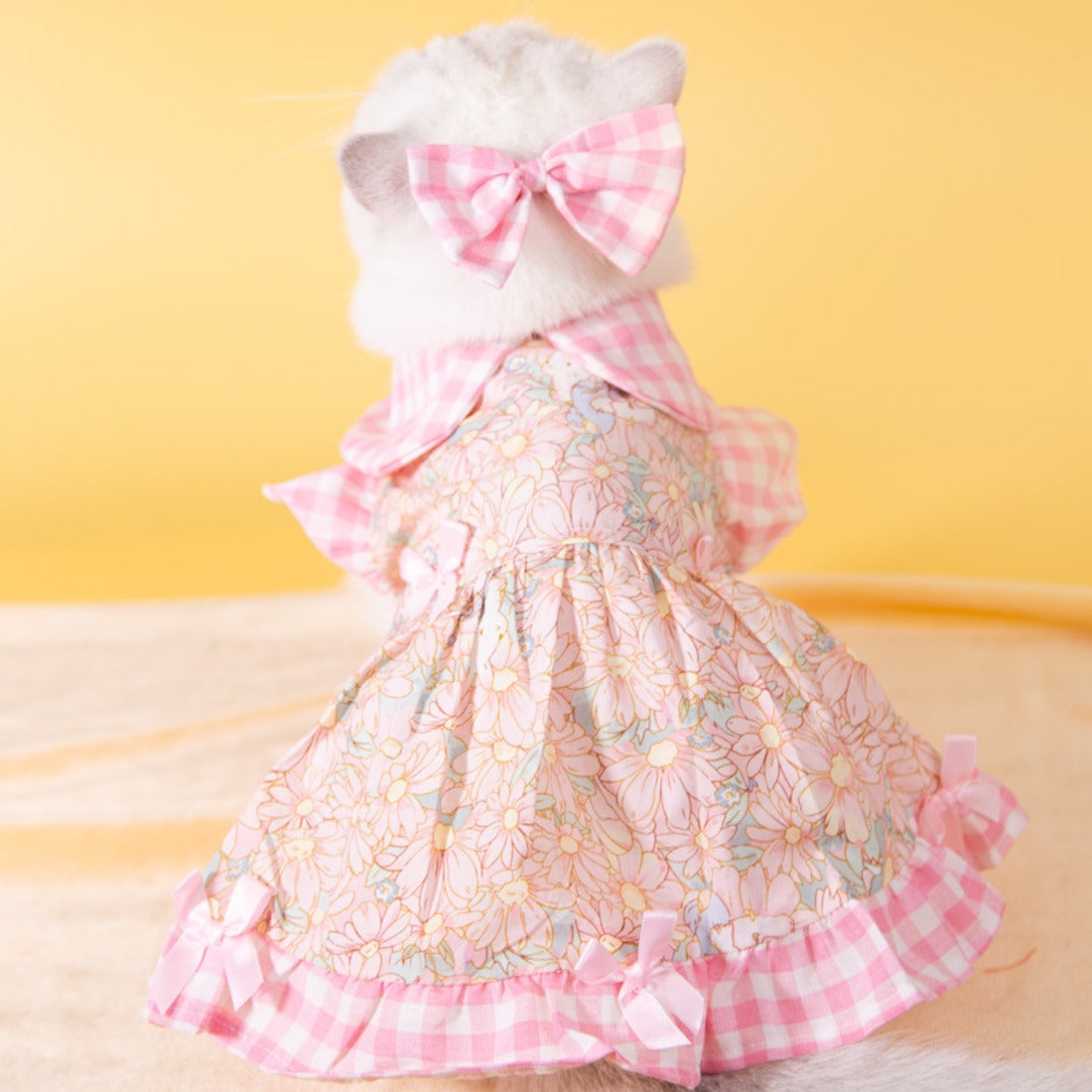 Small dog wearing Ozzie sweet floral dress with pink bow on back