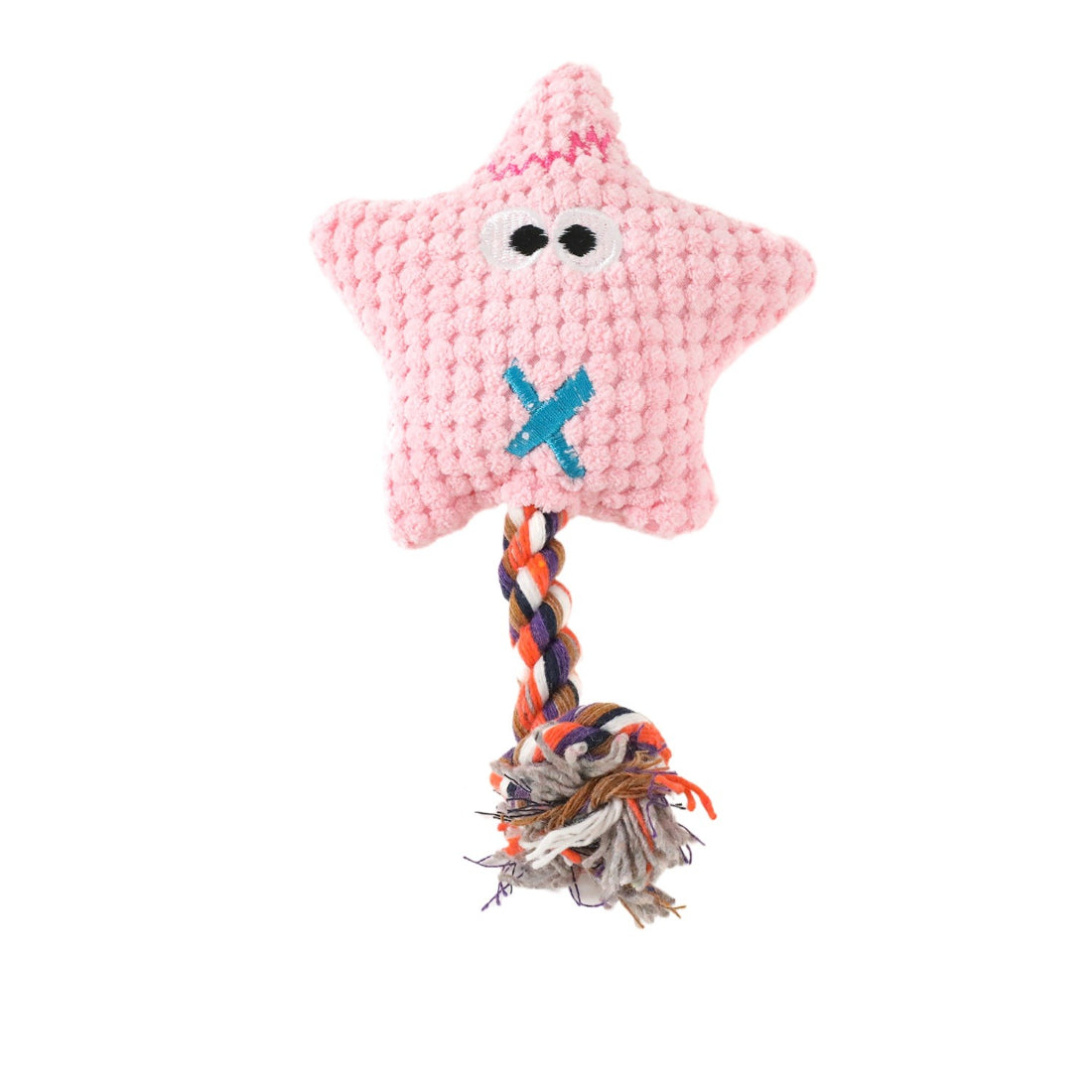 Close-up of Petkin star plush dog toy showing soft fabric and rope details