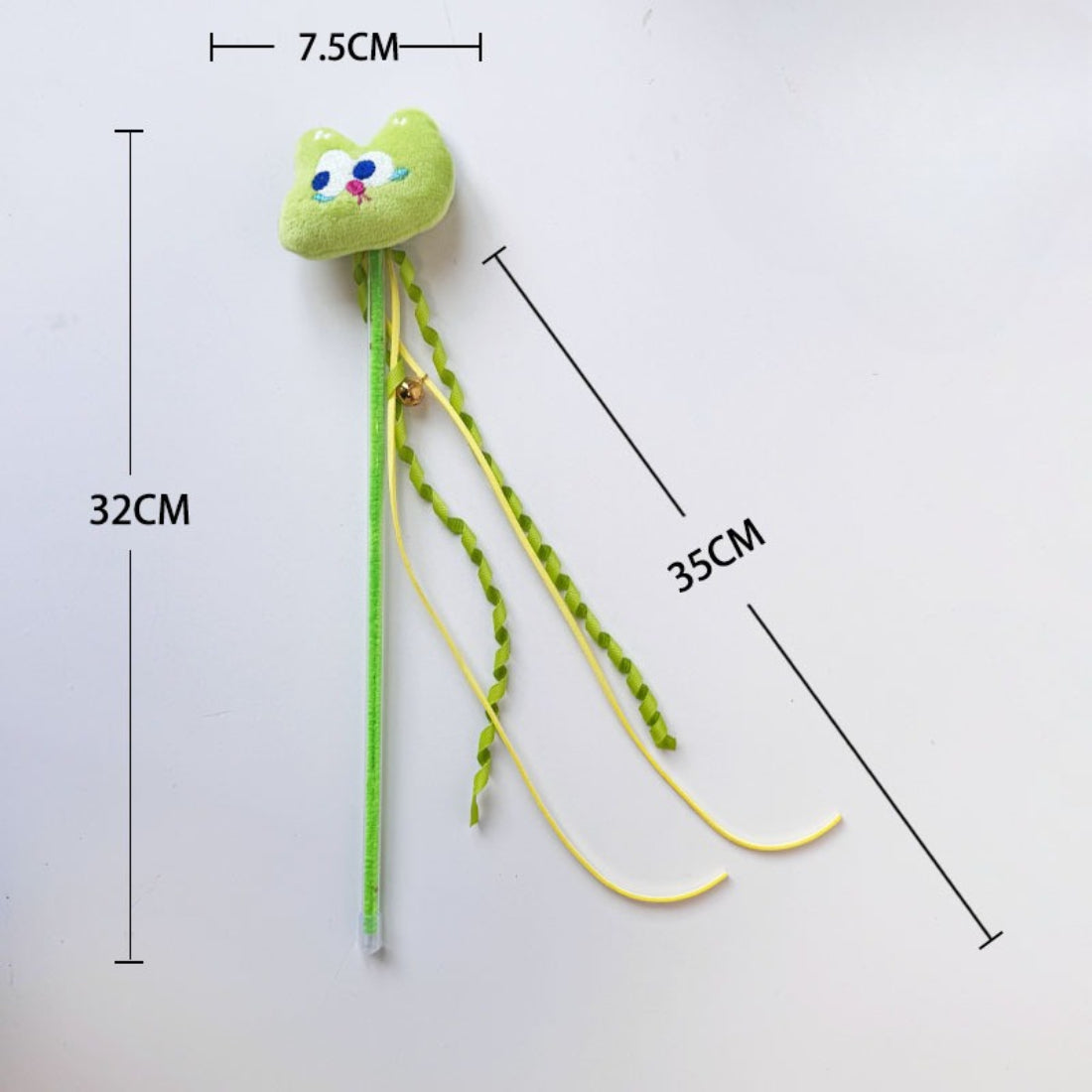 Moo plush cat teaser wand in use with a cat playing and reaching for feathers