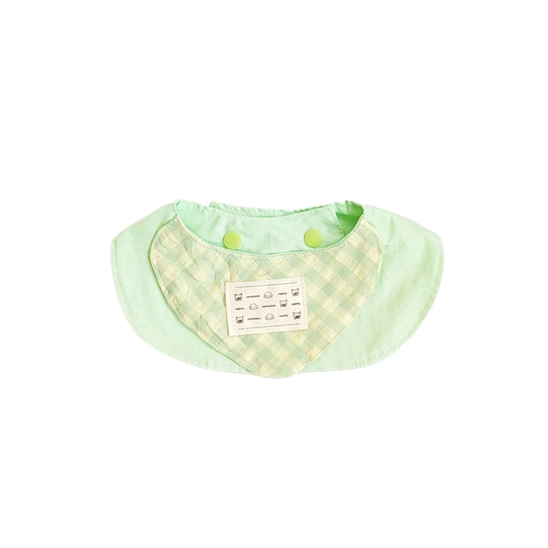 Pastel gingham cat bib displayed flat with adjustable neck strap visible