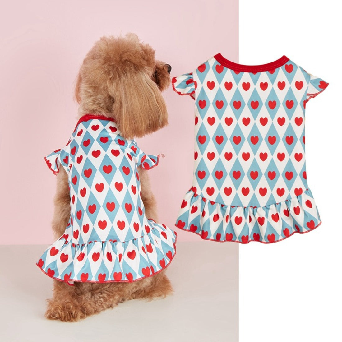 Back view of small dog wearing Ozzie dress with heart pattern and ruffled hem