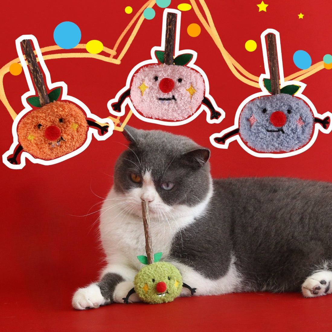 Moo cute festive face cat plush toy with smiling expression on white background