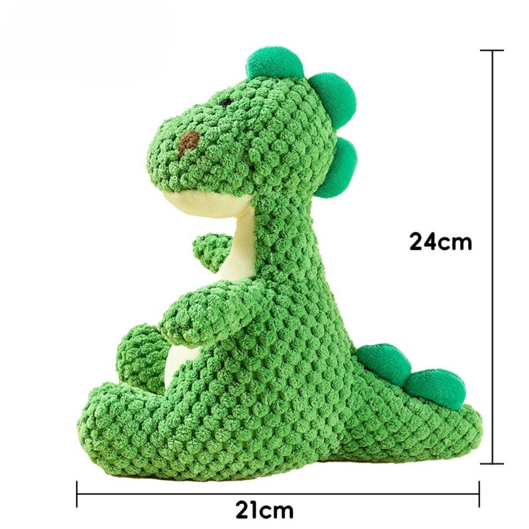 Petkin squeaky dinosaur plush toy standing upright, visible orange spikes and smiling expression