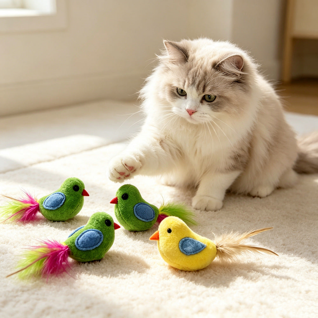 White and gray cat beside Green and Yellow bird-shaped cat toys on a rug