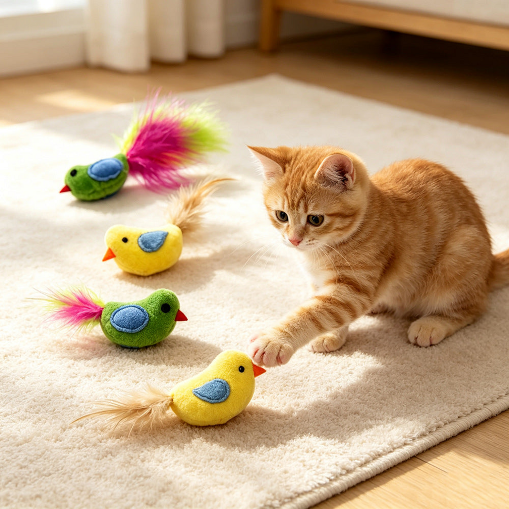 Orange cat reaching toward a Yellow bird-shaped cat toy, with other toys nearby