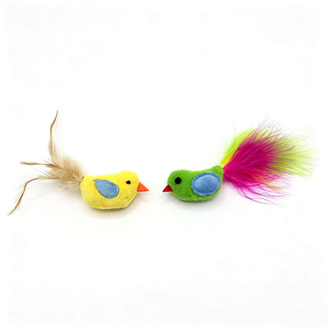 Yellow and Green bird-shaped cat toys with blue wing patches and feather tails