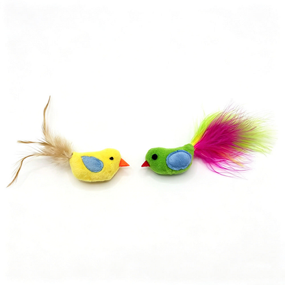 Yellow and Green bird-shaped cat toys with blue wing patches and feather tails