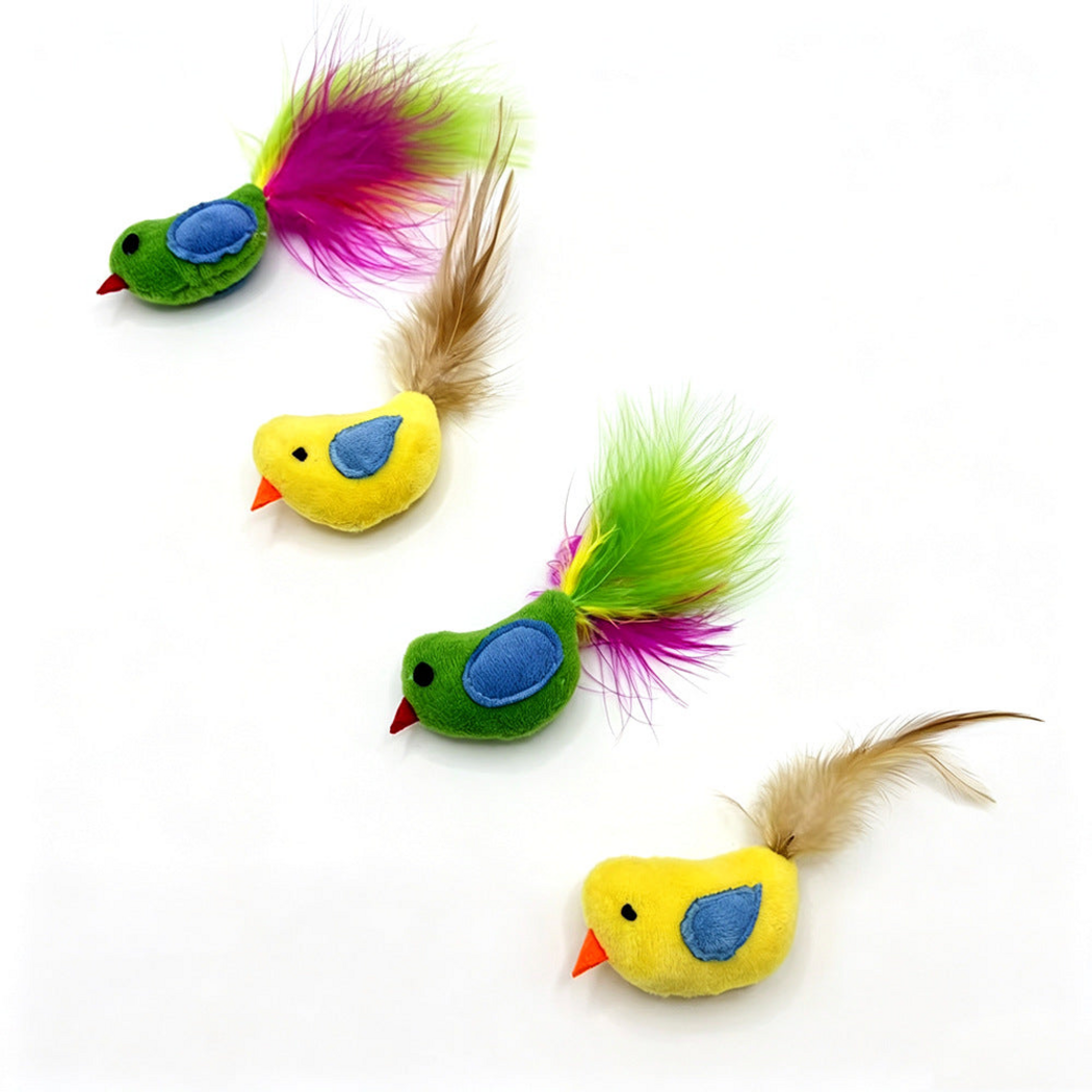Yellow and Green bird-shaped cat toys arranged diagonally, showing wing patches and feather tails