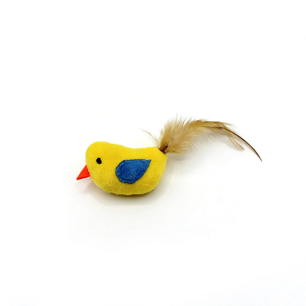 Yellow bird-shaped cat toy with a blue wing patch, orange beak and tan feather tail