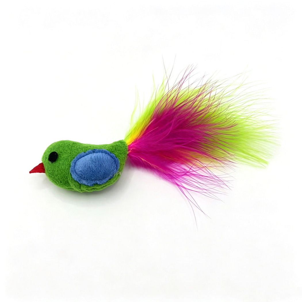 Green bird-shaped cat toy with a blue wing patch, red beak and colorful feather tail