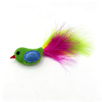 Green bird-shaped cat toy with a blue wing patch, red beak and colorful feather tail