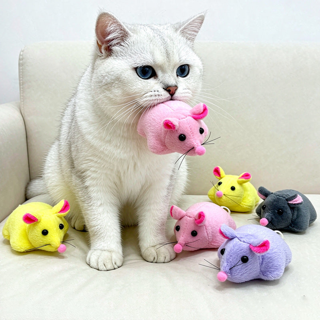 White cat holding a Pink mouse toy with other colors arranged on a sofa