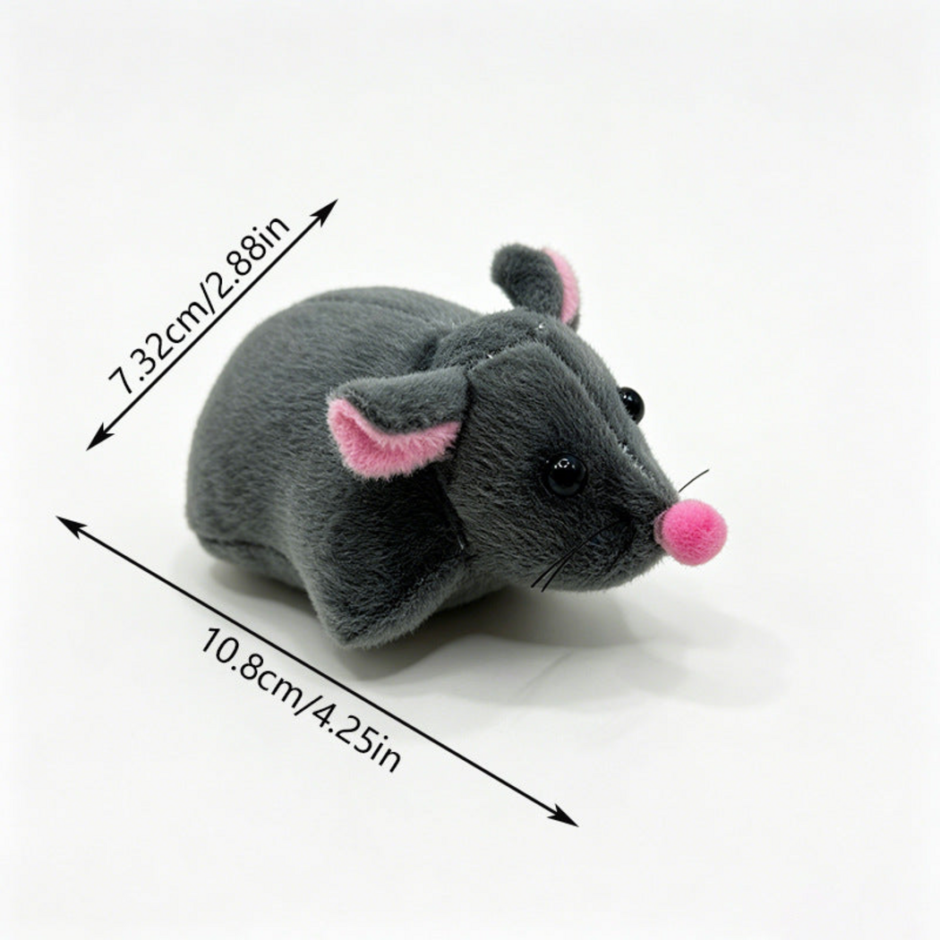 Gray mouse cat toy with metric and imperial measurement annotations