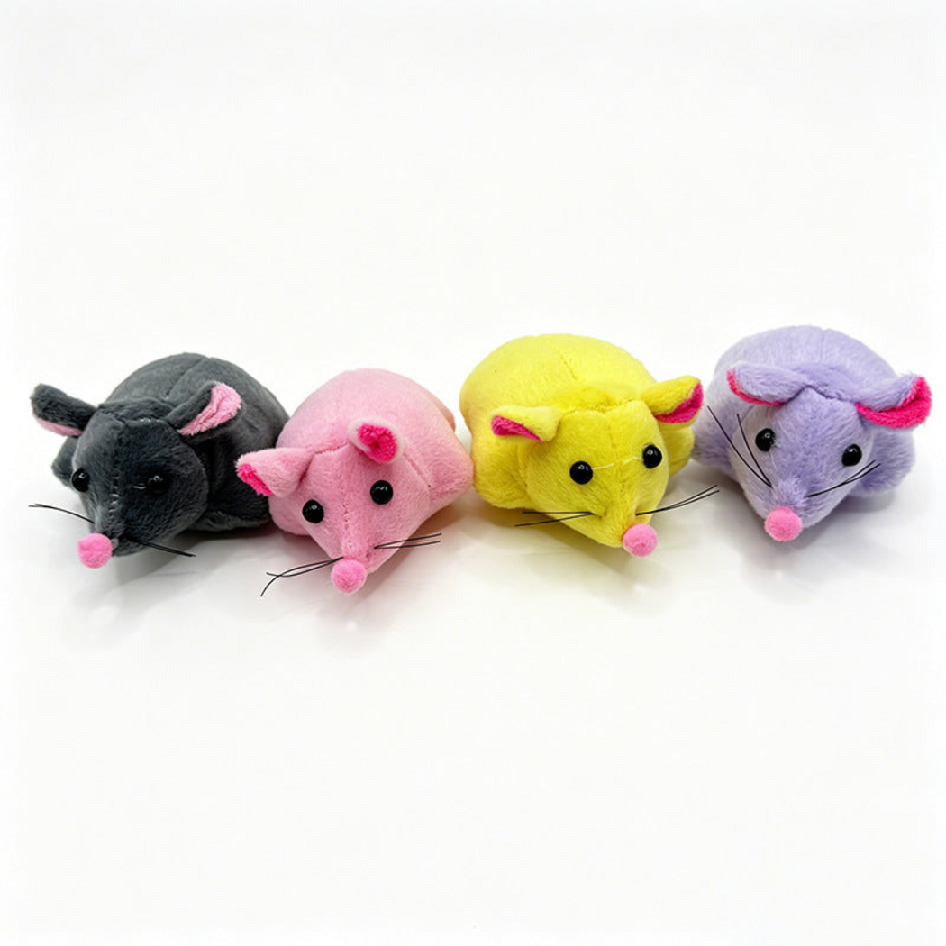 Gray, Pink, Yellow and Purple mouse cat toys displayed in a row