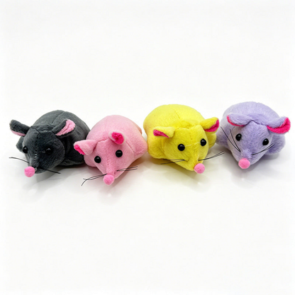 Gray, Pink, Yellow and Purple mouse cat toys displayed in a row