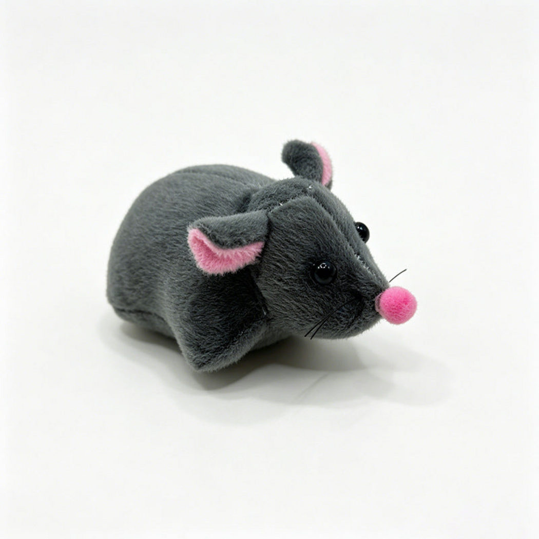 Gray plush mouse cat toy, three-quarter view