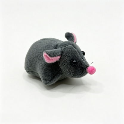 Gray plush mouse cat toy, three-quarter view