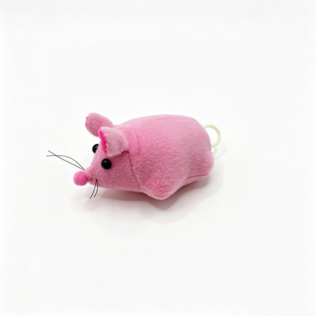 Pink plush mouse cat toy, side view