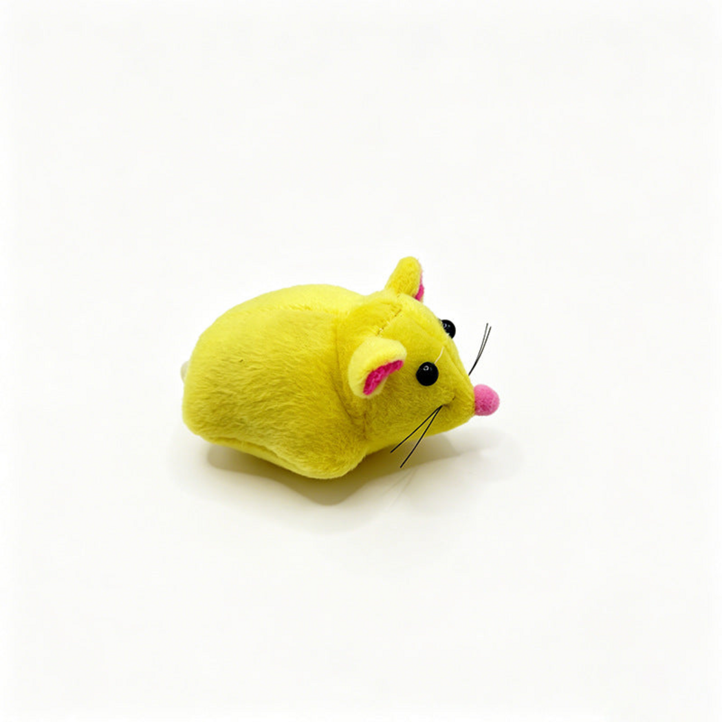 Yellow plush mouse cat toy, three-quarter side view