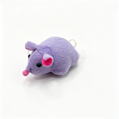 Purple plush mouse cat toy, three-quarter view