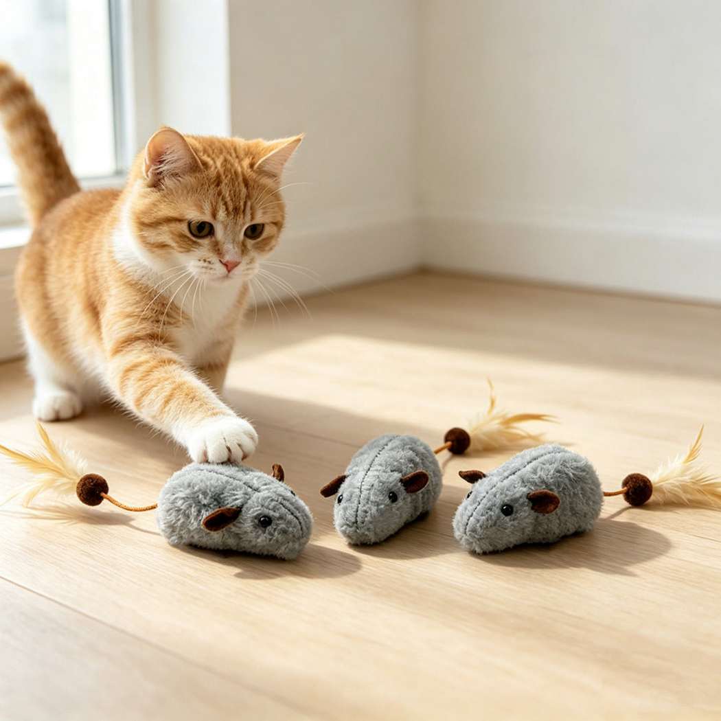 Orange and white cat reaching toward gray mouse-shaped cat toys on a wooden floor
