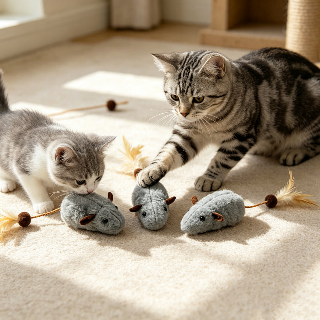 Two cats investigating gray mouse-shaped cat toys on a cream rug