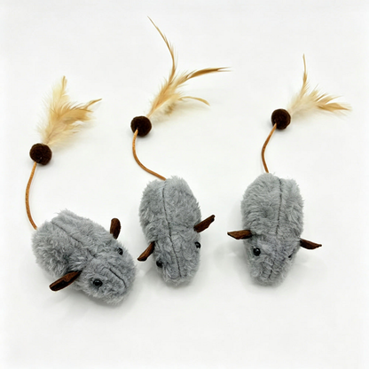 Gray mouse-shaped cat toys with cord and feather tails, overhead view