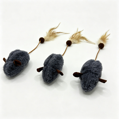 Dark Gray mouse-shaped cat toys with cord and feather tails